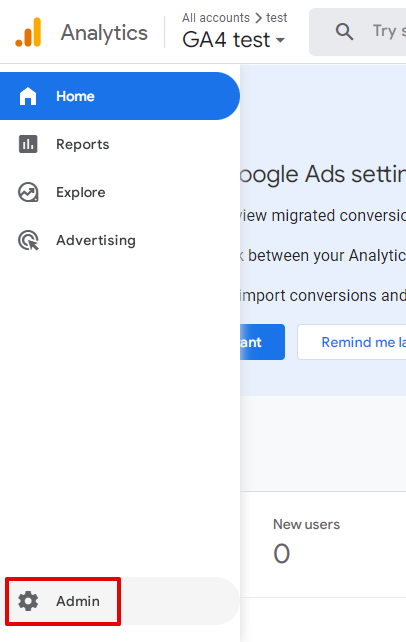 Screenshot of GA4 sidebar with highlighted Admin button