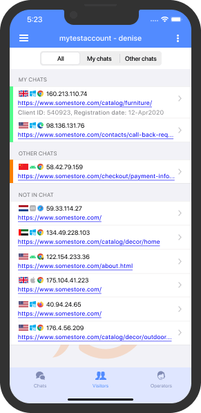 アクティブなチャットを持つ訪問者がリストで強調表示されます 現在のウェブサイト訪問者の一覧とその詳細